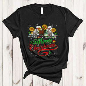 MacnyStore - Merry Christmas, Cool Lovely Three Horses With Sunflower, Snow Around Farm Farmer X-mas T-Shirt