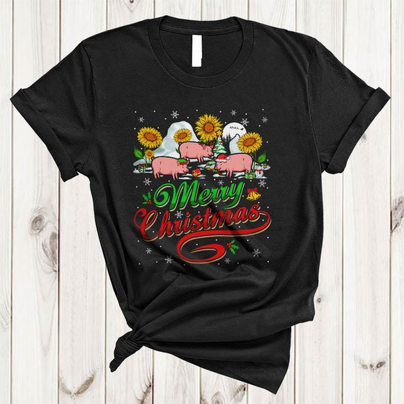 MacnyStore - Merry Christmas, Cool Lovely Three Pigs With Sunflower, Snow Around Farm Farmer X-mas T-Shirt