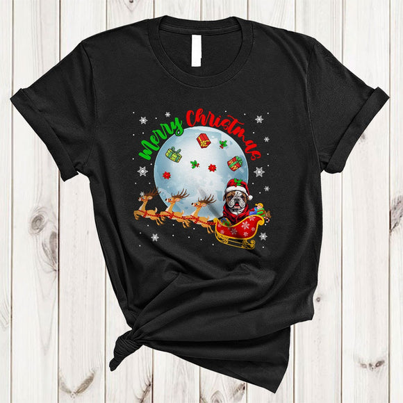 MacnyStore - Merry Christmas, Cute Santa Bulldog On X-mas Sleigh, Matching Family Group Animal Lover T-Shirt