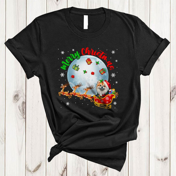 MacnyStore - Merry Christmas, Cute Santa Pomeranian On X-mas Sleigh, Matching Family Group Animal Lover T-Shirt