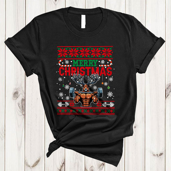 MacnyStore - Merry Christmas, Funny Reindeer Muscle Weightlifting, Matching X-mas Sweater Workout Lover T-Shirt