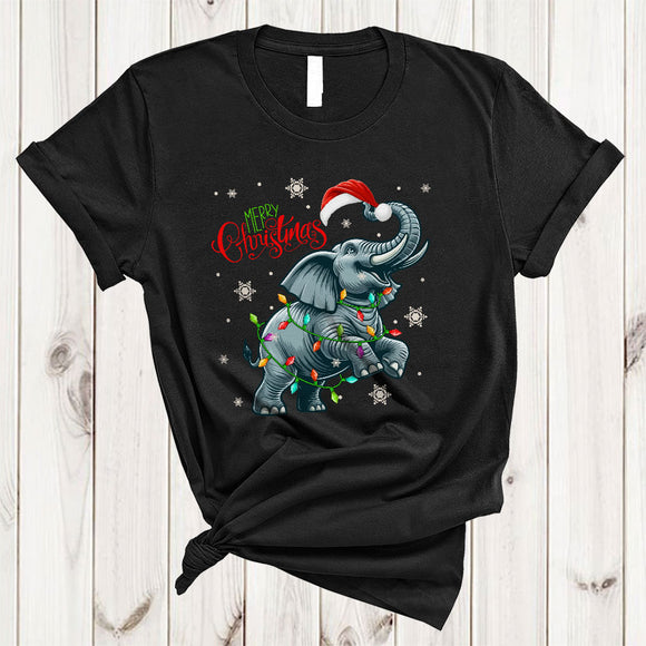 MacnyStore - Merry Christmas, Joyful Christmas Lights Santa Elephant Snow Around, X-mas Animal Lover T-Shirt