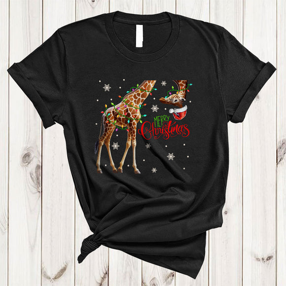 MacnyStore - Merry Christmas, Joyful Christmas Lights Santa Giraffe Down Side, X-mas Animal Lover T-Shirt