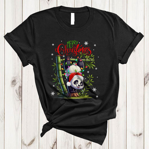 MacnyStore - Merry Christmas, Joyful Christmas Lights Santa Panda Down Side, X-mas Animal Lover T-Shirt