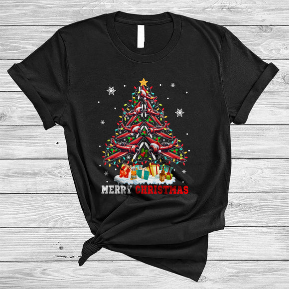 MacnyStore - Merry Christmas, Joyful Funny Santa Airplane As X-mas Tree Lights, Candy Canes Plaid Pilot T-Shirt