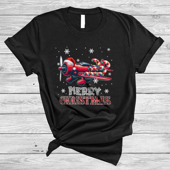 MacnyStore - Merry Christmas, Joyful Funny Santa Airplane Carrying Candy Canes, Snow Around Plaid Pilot T-Shirt