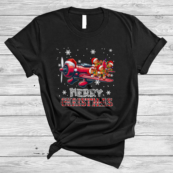MacnyStore - Merry Christmas, Joyful Funny Santa Airplane Carrying Gingerbread, Snow Around Plaid Pilot T-Shirt