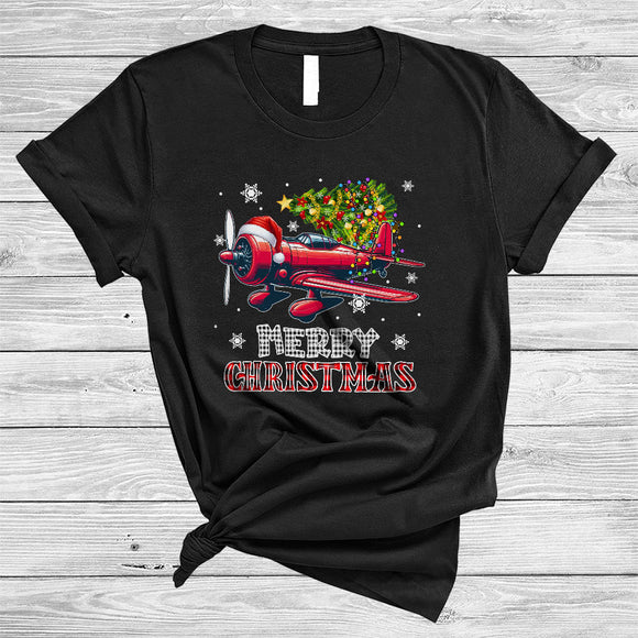 MacnyStore - Merry Christmas, Joyful Funny Santa Airplane Carrying X-mas Tree, Snow Around Plaid Pilot T-Shirt