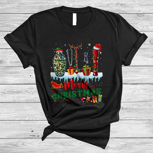 MacnyStore - Merry Christmas, Joyful Leopard Plaid Three Bartender Tools, Bartender X-mas Squad T-Shirt