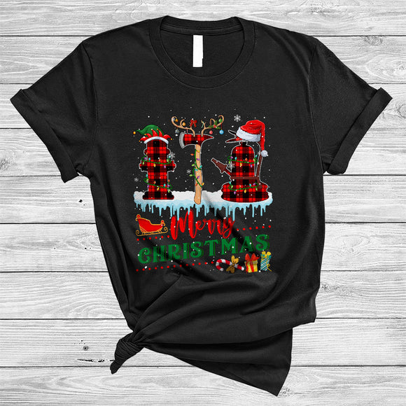 MacnyStore - Merry Christmas, Joyful Leopard Plaid Three Firefighter Tools, Matching Firefighter X-mas Squad T-Shirt
