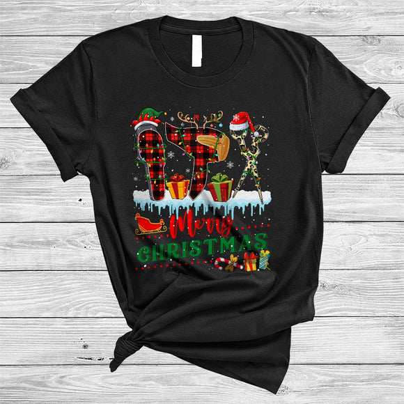 MacnyStore - Merry Christmas, Joyful Leopard Plaid Three Hairstylist Tools, Hairdresser Barber X-mas Squad T-Shirt