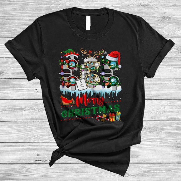 MacnyStore - Merry Christmas, Joyful Leopard Plaid Three Optometrist Tools, Optometrist X-mas Squad T-Shirt