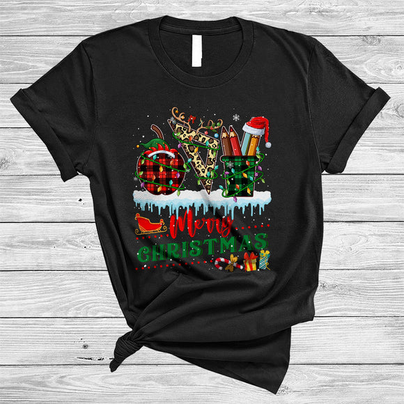 MacnyStore - Merry Christmas, Joyful Leopard Plaid Three Teacher Tools, Matching Teacher X-mas Squad T-Shirt