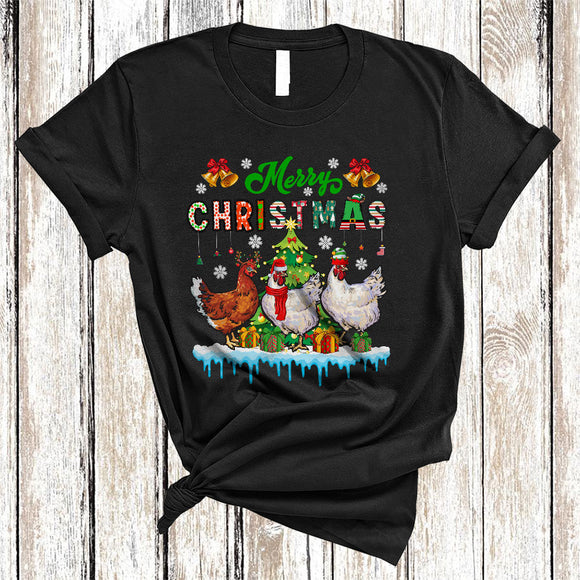 MacnyStore - Merry Christmas, Joyful Three ELF Santa Reindeer Chickens Farmer, Matching X-mas Snow Animal T-Shirt
