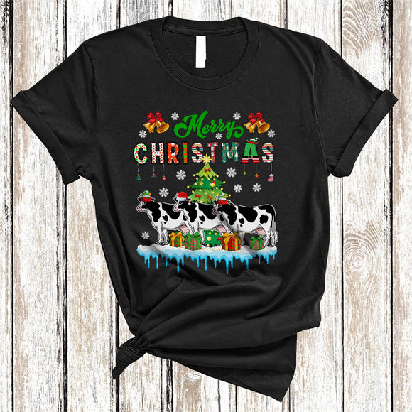 MacnyStore - Merry Christmas, Joyful Three ELF Santa Reindeer Cows Farmer, Matching X-mas Snow Animal T-Shirt