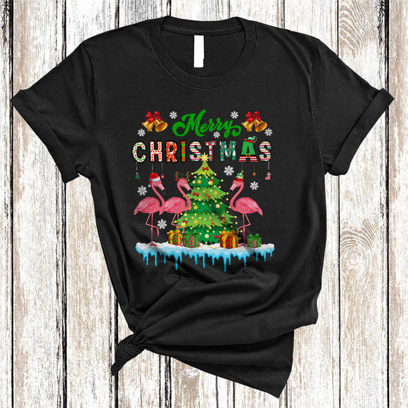 MacnyStore - Merry Christmas, Joyful Three ELF Santa Reindeer Flamingos Lover, Matching X-mas Snow Animal T-Shirt