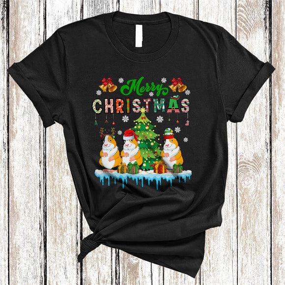 MacnyStore - Merry Christmas, Joyful Three ELF Santa Reindeer Guinea Pigs, Matching X-mas Snow Animal T-Shirt