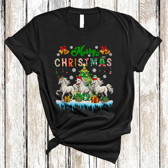 MacnyStore - Merry Christmas, Joyful Three ELF Santa Reindeer Horses Farmer, Matching X-mas Snow Animal T-Shirt