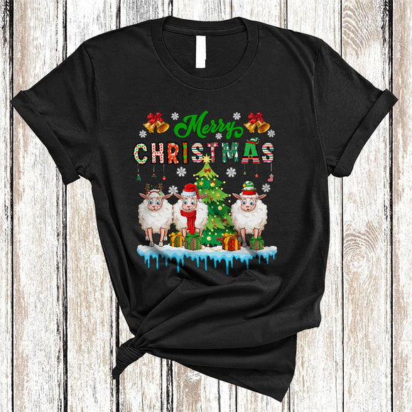 MacnyStore - Merry Christmas, Joyful Three ELF Santa Reindeer Sheep Farmer, Matching X-mas Snow Animal T-Shirt