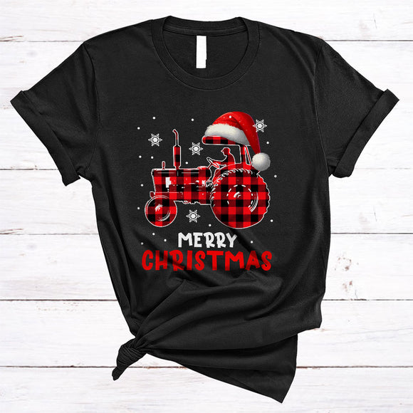 MacnyStore - Merry Christmas, Joyful X-mas Red Plaid Tractor Snow Around, Santa Tractor Driver Farmer T-Shirt