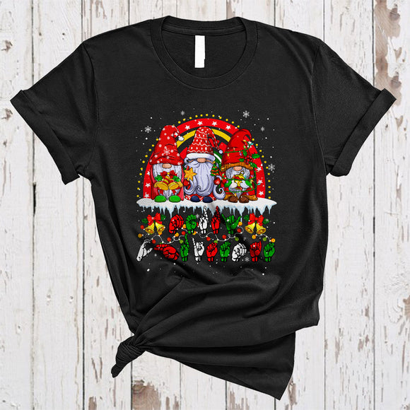 MacnyStore - Merry Christmas, Lovely Awesome X-mas Three Gnomes Squad, ASL Sign Language Rainbow T-Shirt