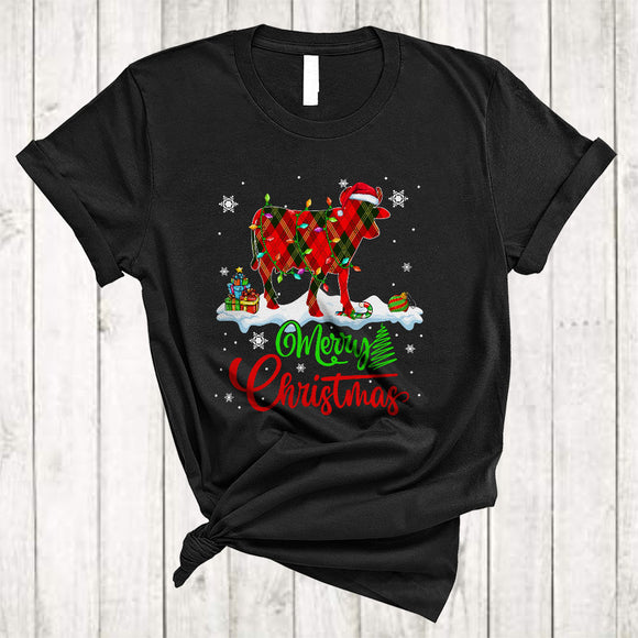 MacnyStore - Merry Christmas, Lovely Funny X-mas Lights Red Plaid Santa Cow Lover, Pajamas Family Group T-Shirt