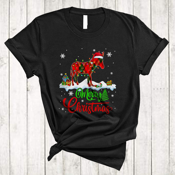 MacnyStore - Merry Christmas, Lovely Funny X-mas Lights Red Plaid Santa Donkey Lover, Pajamas Family Group T-Shirt