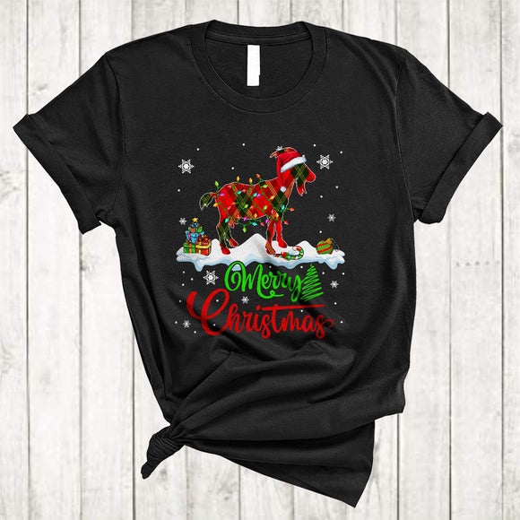 MacnyStore - Merry Christmas, Lovely Funny X-mas Lights Red Plaid Santa Goat Lover, Pajamas Family Group T-Shirt