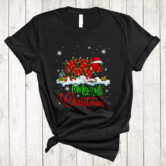 MacnyStore - Merry Christmas, Lovely Funny X-mas Lights Red Plaid Santa Pig Lover, Pajamas Family Group T-Shirt