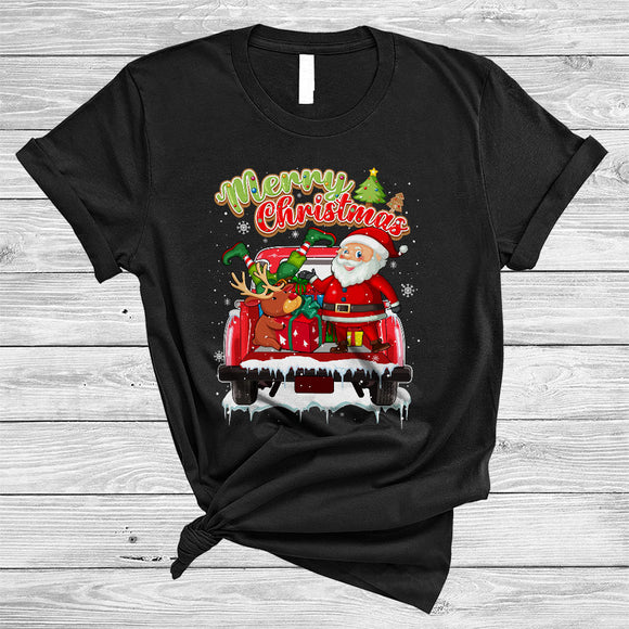 MacnyStore - Merry Christmas, Lovely Santa Reindeer ELF On Pickup Truck, X-mas Snow Family Group T-Shirt