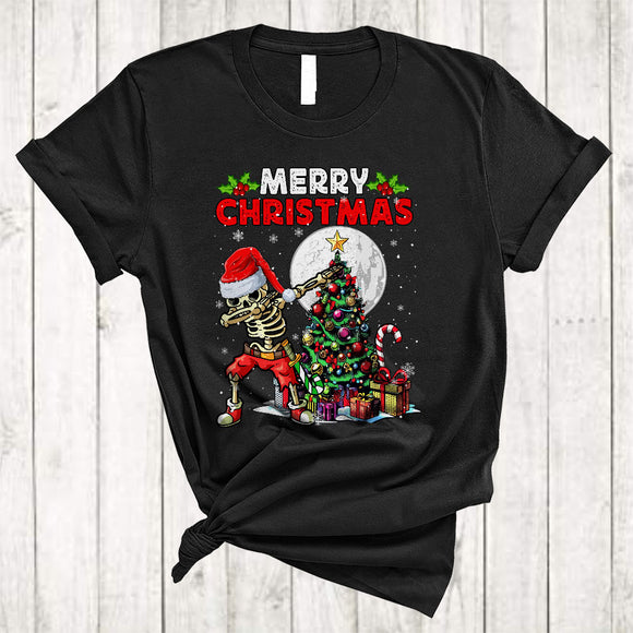 MacnyStore - Merry Christmas, Scary Cool Christmas Santa Skeleton Dabbing Lover, X-mas Lights Tree T-Shirt