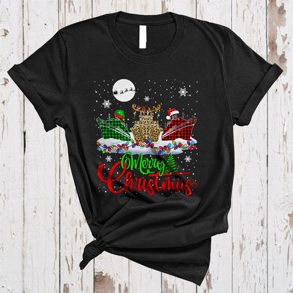 MacnyStore - Merry Christmas, Wonderful X-mas Lights Three Leopard Plaid Cruise Lover, X-mas Family T-Shirt