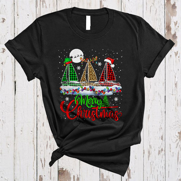 MacnyStore - Merry Christmas, Wonderful X-mas Lights Three Leopard Plaid Sailboat Lover, X-mas Family T-Shirt