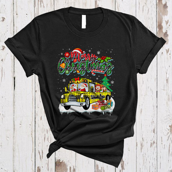 MacnyStore - Merry Christmas, Wonderful X-mas Plaid Santa Driving School Bus, Snow Family Group T-Shirt