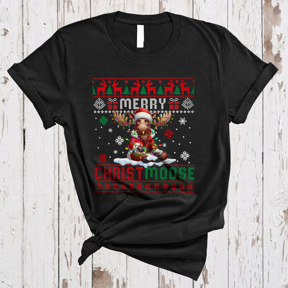 MacnyStore - Merry Christmoose, Lovely Christmas Sweater Santa Moose, X-mas Lights Moose Lover T-Shirt