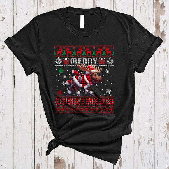 MacnyStore - Merry Christmoose, Lovely Red Plaid Christmas Santa Moose, X-mas Sweater Moose Lover T-Shirt