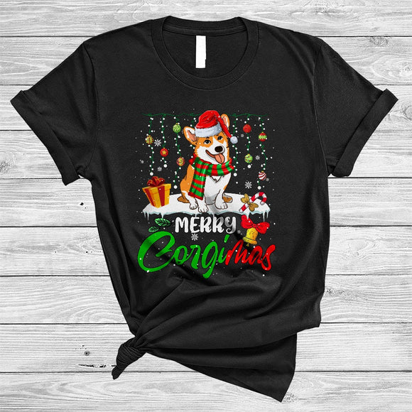 MacnyStore - Merry Corgimas, Colorful Christmas Santa Corgi, X-mas Lights Snow Family Group T-Shirt