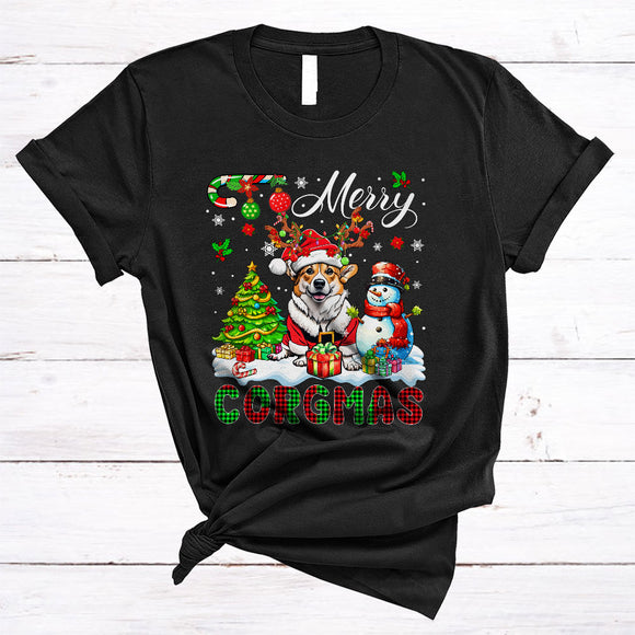 MacnyStore - Merry Corgmas, Colorful Plaid X-mas Tree Snowman, Christmas Animal Santa Corgi Lover T-Shirt