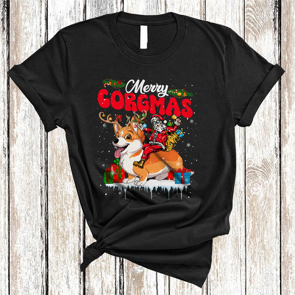 MacnyStore - Merry Corgmas, Lovely Cheerful Christmas Lights Santa Riding Corgi Lover, X-mas Family Group T-Shirt
