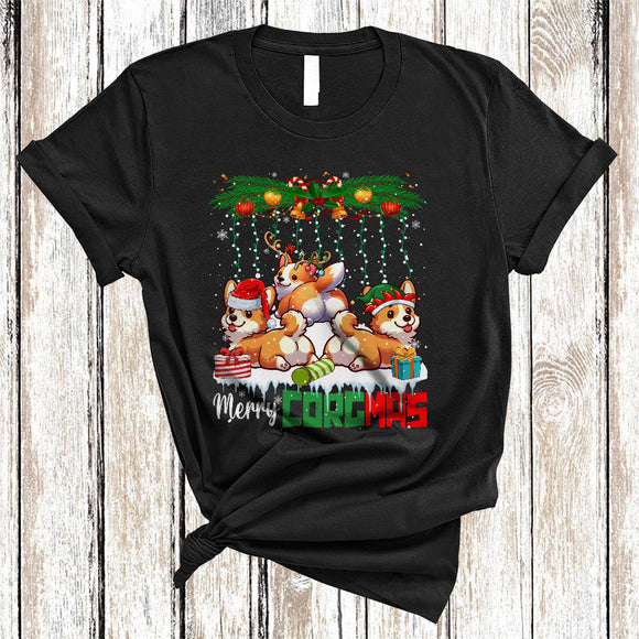 MacnyStore - Merry Corgmas, Wonderful Christmas Three Santa Elf Reindeer Corgi, X-mas Snow Around T-Shirt