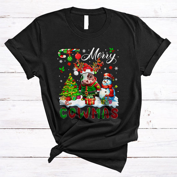 MacnyStore - Merry Cowmas, Colorful Plaid X-mas Tree Snowman, Christmas Animal Santa Cow Farmer Lover T-Shirt