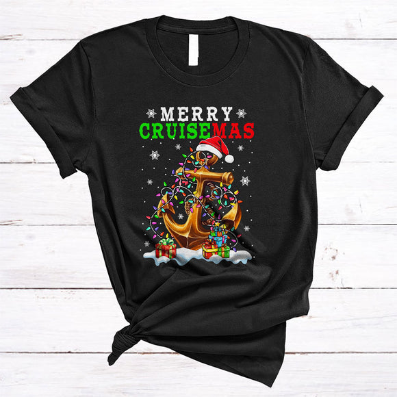MacnyStore - Merry Cruisemas, Cool Colorful X-mas Lights Santa Anchor, Christmas Snow Boat Cruise Sailing Pontoon T-Shirt
