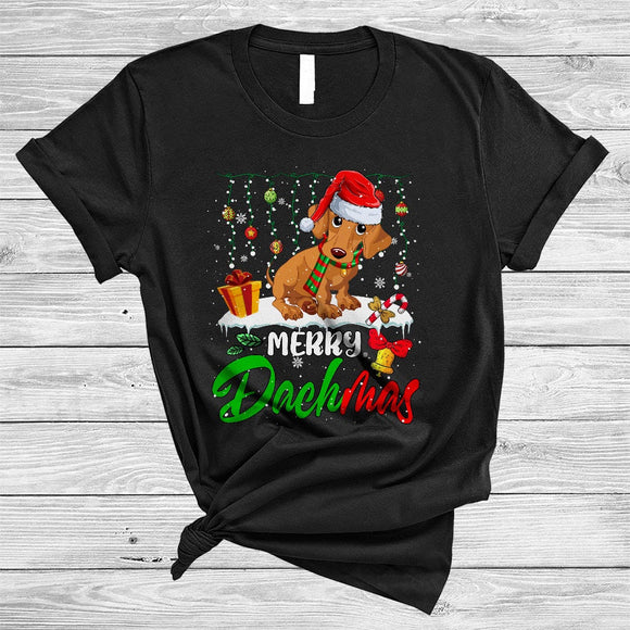 MacnyStore - Merry Dachmas, Colorful Christmas Santa Dachshund, X-mas Lights Snow Family Group T-Shirt