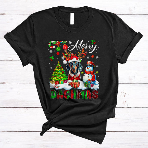MacnyStore - Merry Dachmas, Colorful Plaid X-mas Tree Snowman, Christmas Animal Santa Dachshund Lover T-Shirt