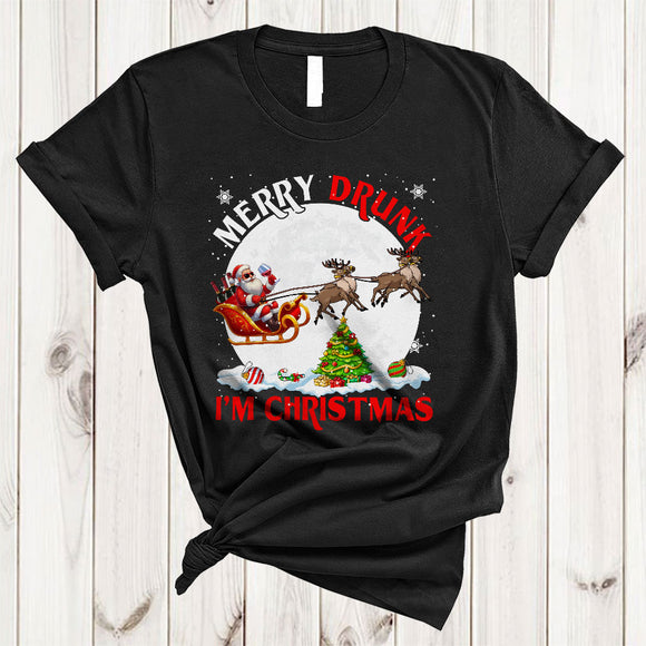 MacnyStore - Merry Drunk I'm Christmas, Awesome Santa Drinking Wine On X-mas Sleigh, Drunk Team T-Shirt