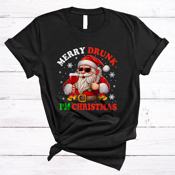 MacnyStore - Merry Drunk I'm Christmas, Humorous Santa Drinking Wine Lover, Matching X-mas Drunk Team T-Shirt