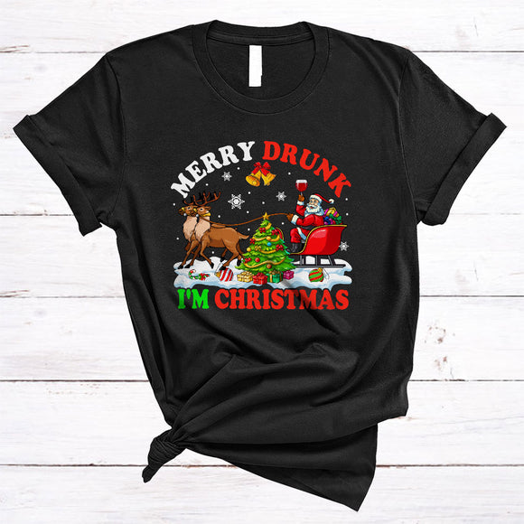 MacnyStore - Merry Drunk I'm Christmas, Humorous Santa Drinking Wine On X-mas Sleigh, Drunk Team T-Shirt