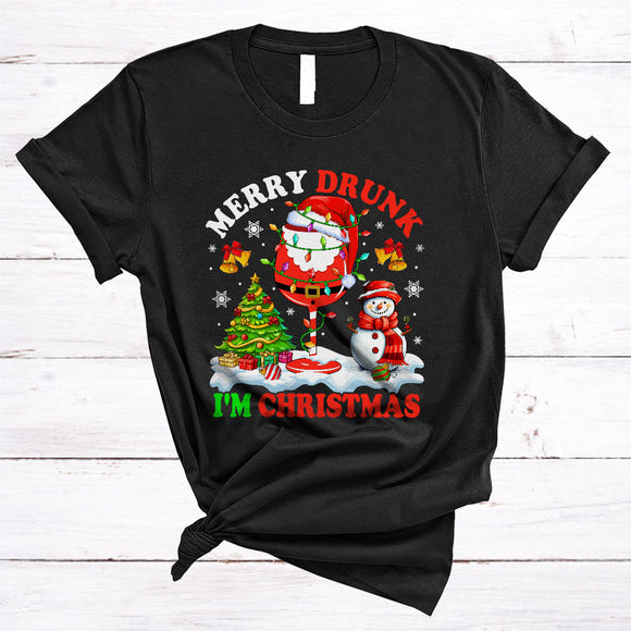 MacnyStore - Merry Drunk I'm Christmas, Humorous Santa Wine Glasses, Matching X-mas Drunk Drinking Team T-Shirt