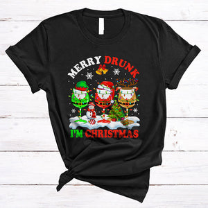 MacnyStore - Merry Drunk I'm Christmas, Humorous Three Santa ELF Reindeer Wine Glasses, X-mas Drinking Team T-Shirt