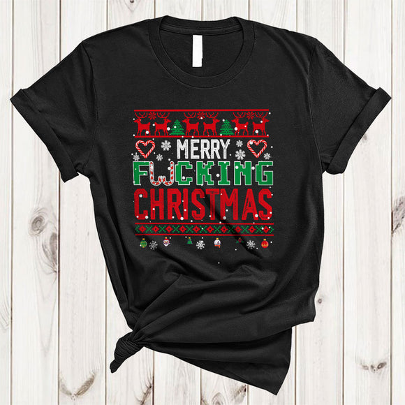 MacnyStore - Merry F*cking Christmas, Sarcastic Cool X-mas Sweater Adult Naughty, Candy Canes Couple T-Shirt
